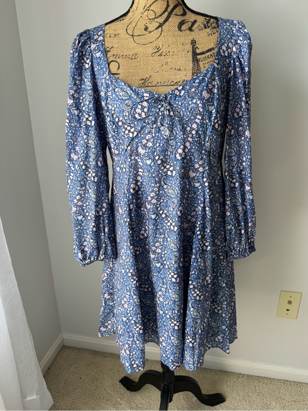J. Crew x Liberty Blue Floral Long-Sleeve A-Line Dress with Pale Pink Accents